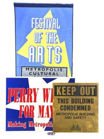 LOIS & CLARK: THE NEW ADVENTURES OF SUPERMAN (1993 - 1997) - Metropolis Sign, Campaign Poster, Pin, and Corresponding Mayoral Banner