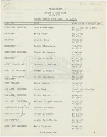 STAR TREK: THE ORIGINAL SERIES (1966 - 1969) - 'Star Trek’ Staff & Crew Lists From 1967 & 1968