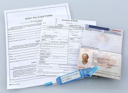 LOST (2004 - 2010) - Jeremy Bentham's (Terry O'Quinn) Canadian Passport, Certificate Of Death, Body Release Form and ID Bracelet